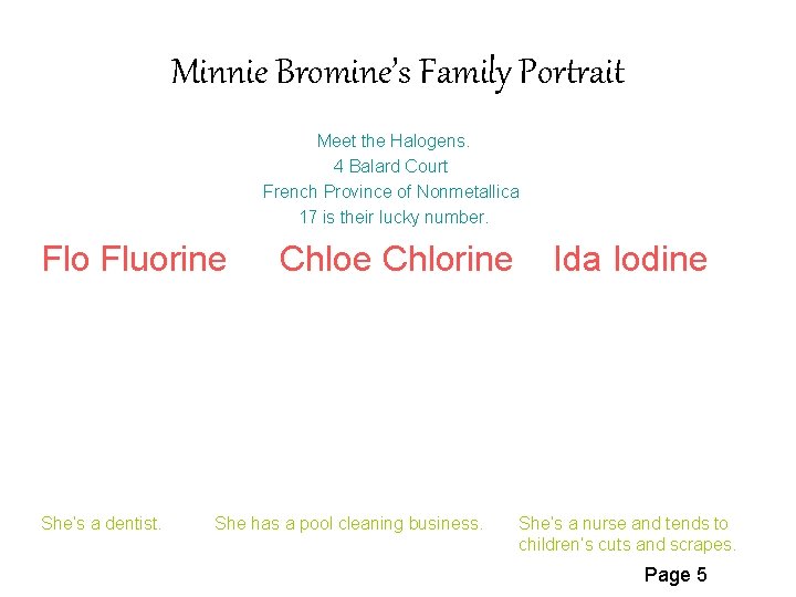 Minnie Bromine’s Family Portrait Meet the Halogens. 4 Balard Court French Province of Nonmetallica