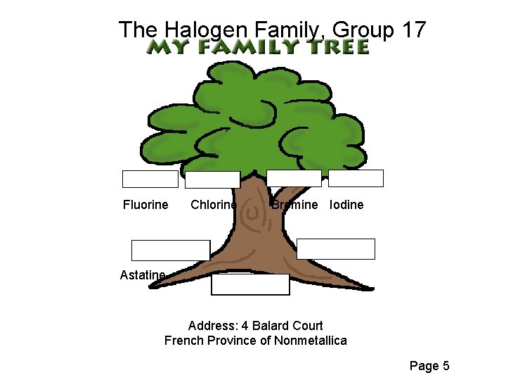 The Halogen Family, Group 17 Fluorine Chlorine Bromine Iodine Astatine Address: 4 Balard Court