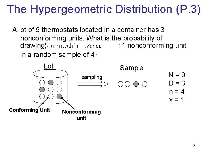 The Hypergeometric Distribution (P. 3) A lot of 9 thermostats located in a container
