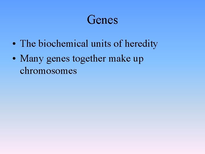 Genes • The biochemical units of heredity • Many genes together make up chromosomes