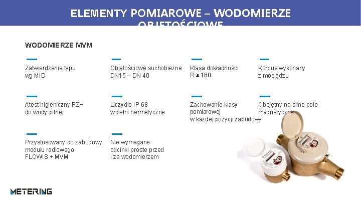 ELEMENTY POMIAROWE – WODOMIERZE OBJĘTOŚCIOWE WODOMIERZE MVM Zatwierdzenie typu wg MID Objętościowe suchobieżne DN