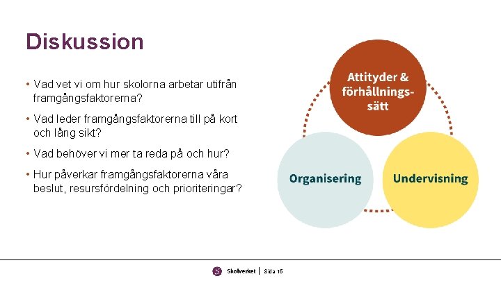 Diskussion • Vad vet vi om hur skolorna arbetar utifrån framgångsfaktorerna? • Vad leder