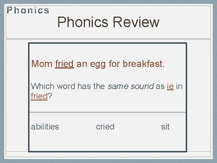 Phonics Review Mom fried an egg for breakfast. Which word has the same sound