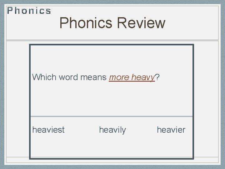 Phonics Review Which word means more heavy? heaviest heavily heavier 