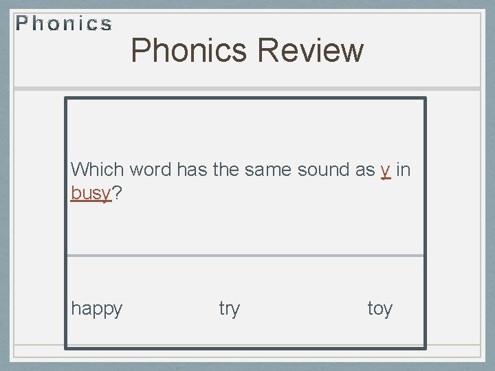 Phonics Review Which word has the same sound as y in busy? happy try
