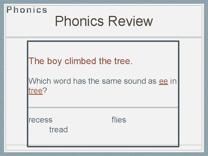 Phonics Review The boy climbed the tree. Which word has the same sound as