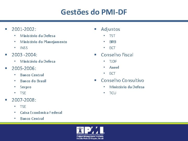 Gestões do PMI-DF § 2001 -2002: • • • Ministério da Defesa Ministério do