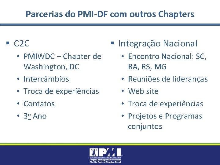 Parcerias do PMI-DF com outros Chapters § C 2 C • PMIWDC – Chapter