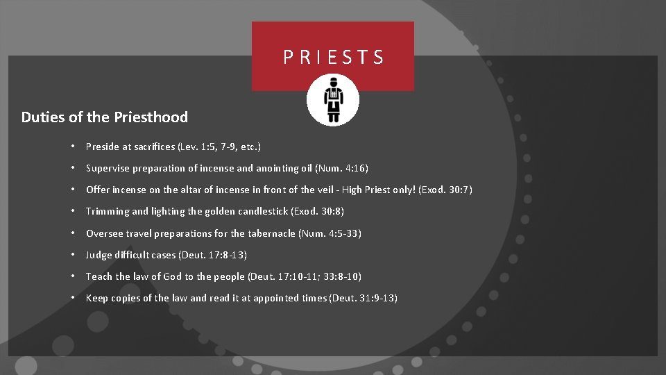 PRIESTS Duties of the Priesthood • Preside at sacrifices (Lev. 1: 5, 7 -9,