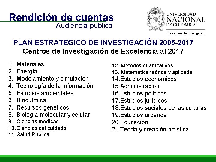 Rendición de cuentas Audiencia pública Vicerrectoría de Investigación PLAN ESTRATEGICO DE INVESTIGACIÓN 2005 -2017