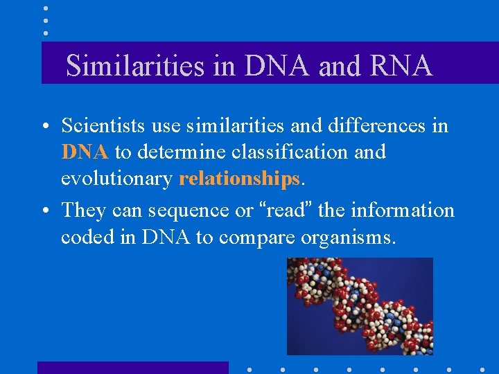 Similarities in DNA and RNA • Scientists use similarities and differences in DNA to
