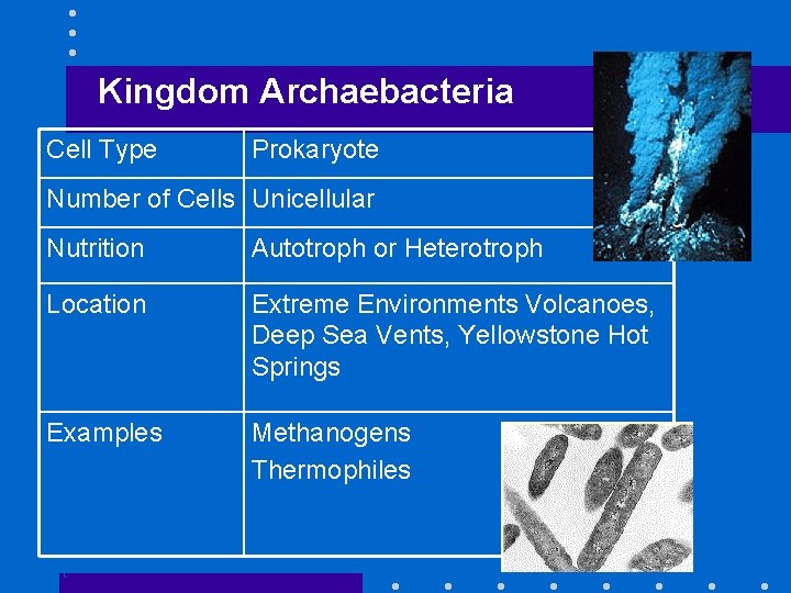 Kingdom Archaebacteria Cell Type Prokaryote Number of Cells Unicellular Nutrition Autotroph or Heterotroph Location