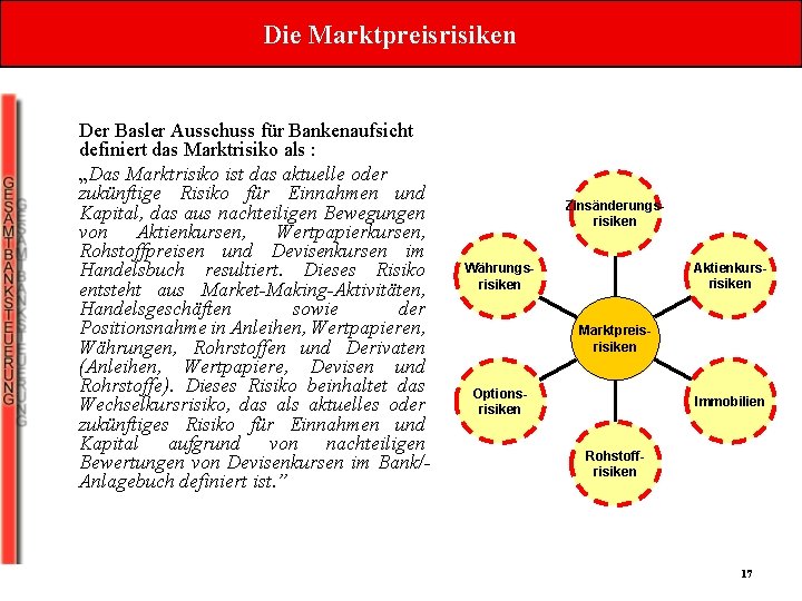 Die Marktpreisrisiken Der Basler Ausschuss für Bankenaufsicht definiert das Marktrisiko als : „Das Marktrisiko