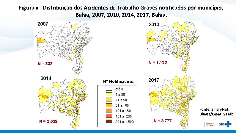 Figura x - Distribuição dos Acidentes de Trabalho Graves notificados por município, Bahia, 2007,