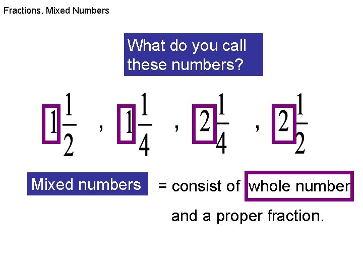 Fractions, Mixed Numbers What do you call these numbers? , Mixed numbers , ,