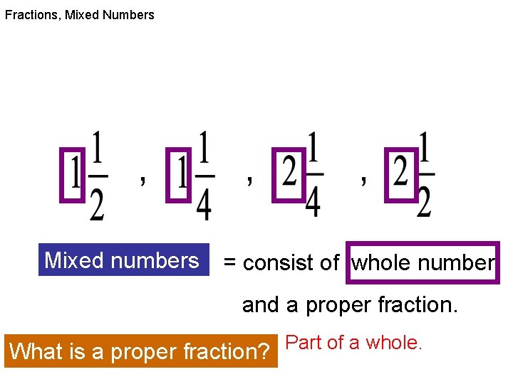 Fractions, Mixed Numbers , Mixed numbers , , = consist of whole number and