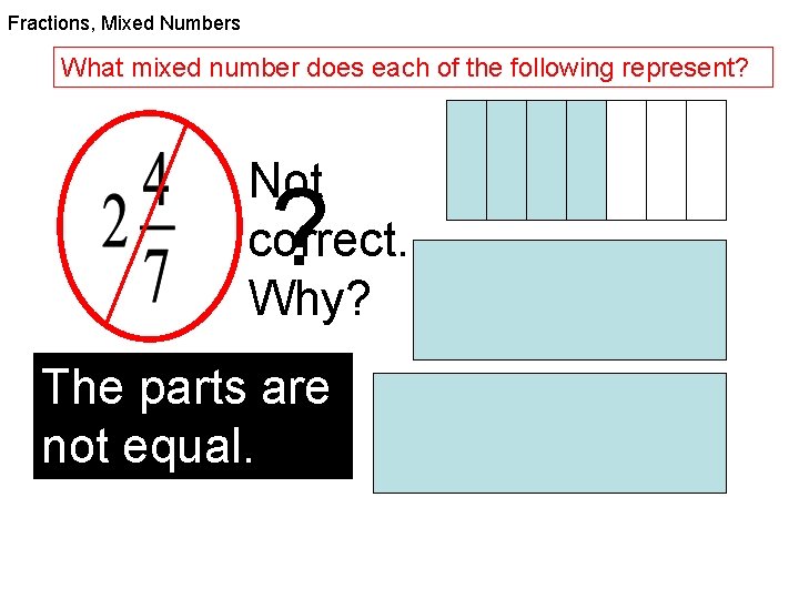 Fractions, Mixed Numbers What mixed number does each of the following represent? Not correct.