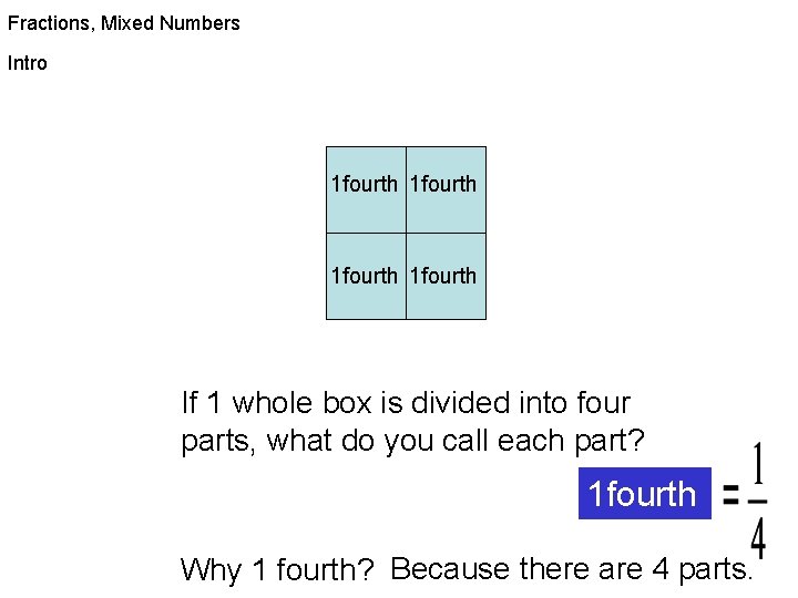 Fractions, Mixed Numbers Intro 1 fourth If 1 whole box is divided into four