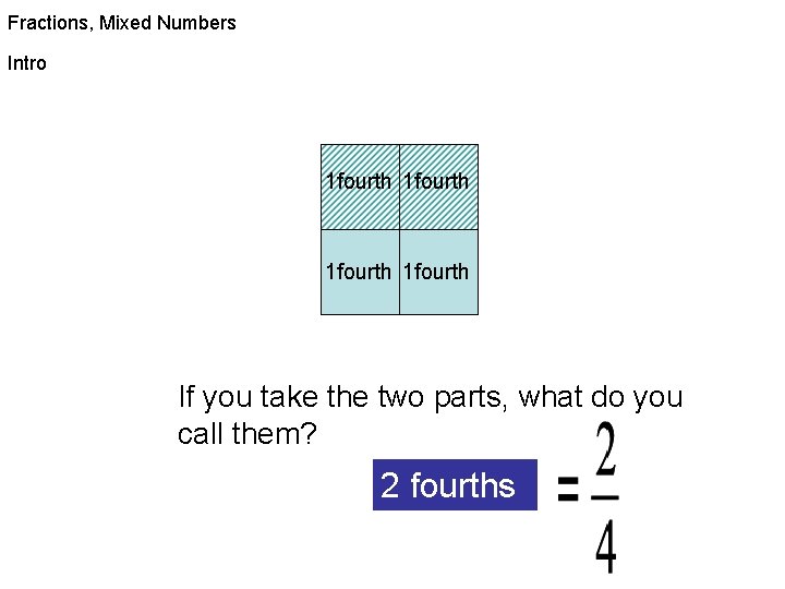 Fractions, Mixed Numbers Intro 1 fourth If you take the two parts, what do