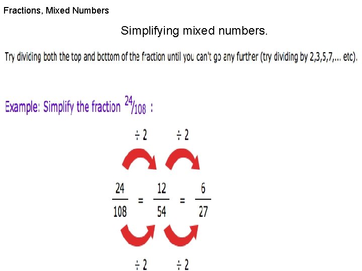 Fractions, Mixed Numbers Simplifying mixed numbers. 