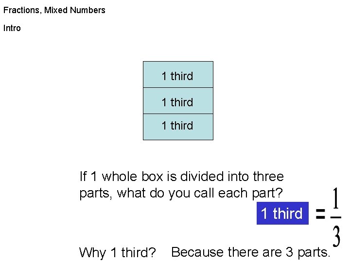 Fractions, Mixed Numbers Intro 1 third If 1 whole box is divided into three