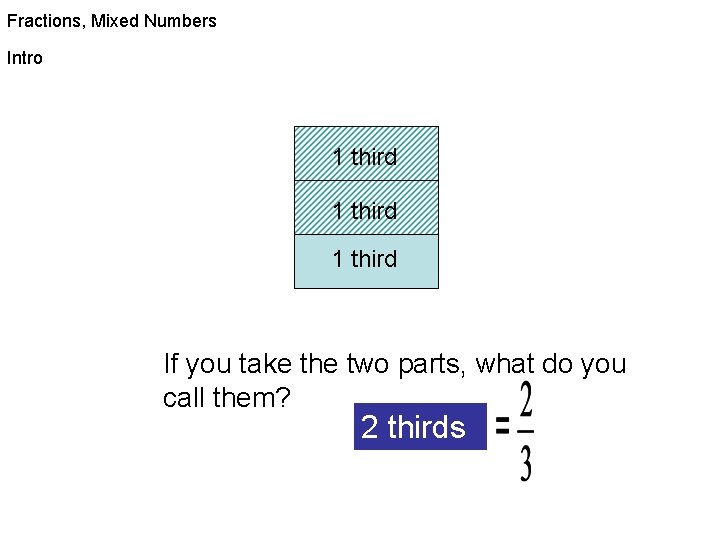 Fractions, Mixed Numbers Intro 1 third If you take the two parts, what do