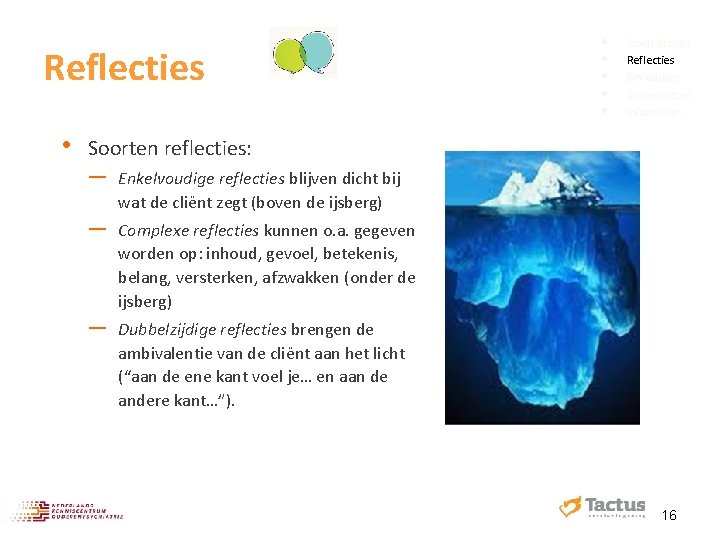 Reflecties • • • Open Vragen Reflecties Bevestigen Samenvatten Informeren Soorten reflecties: ─ Enkelvoudige