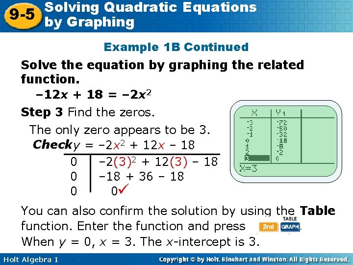 Solving Quadratic Equations 9 -5 by Graphing Example 1 B Continued Solve the equation Solving Quadratic Equations 9 -5 by Graphing Example 1 B Continued Solve the equation