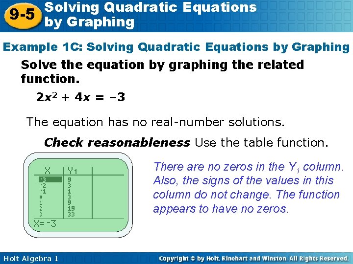 Solving Quadratic Equations 9 -5 by Graphing Example 1 C: Solving Quadratic Equations by