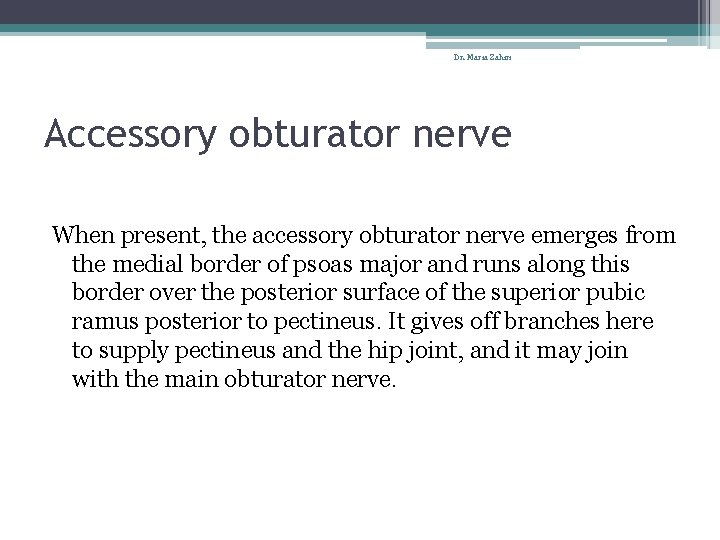 Dr. Maria Zahiri Accessory obturator nerve When present, the accessory obturator nerve emerges from