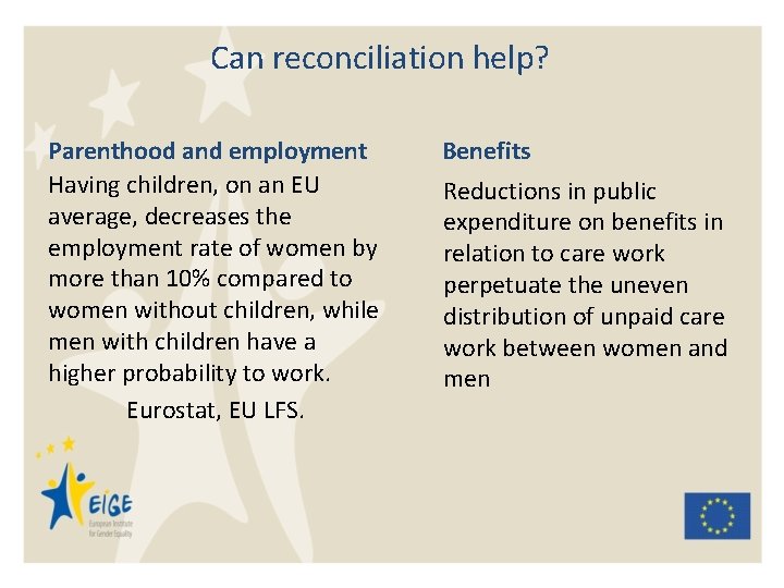 Can reconciliation help? Parenthood and employment Having children, on an EU average, decreases the