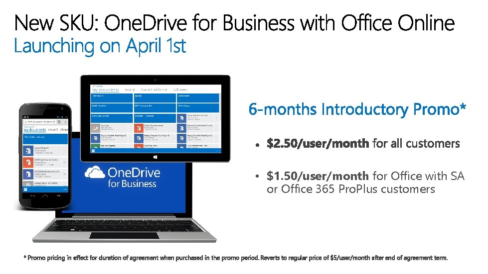  • $1. 50/user/month for Office with SA or Office 365 Pro. Plus customers