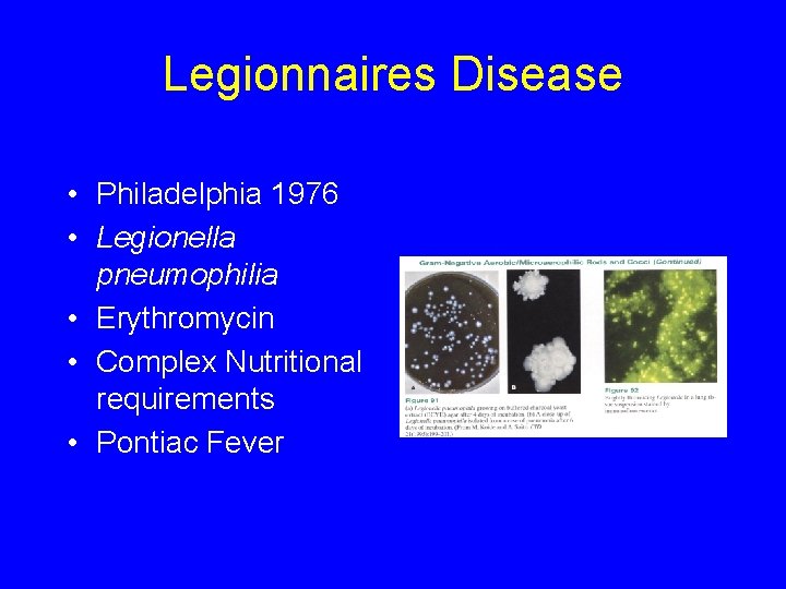 Legionnaires Disease • Philadelphia 1976 • Legionella pneumophilia • Erythromycin • Complex Nutritional requirements