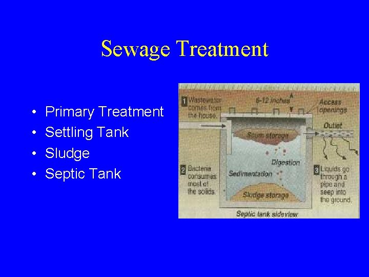Sewage Treatment • • Primary Treatment Settling Tank Sludge Septic Tank 