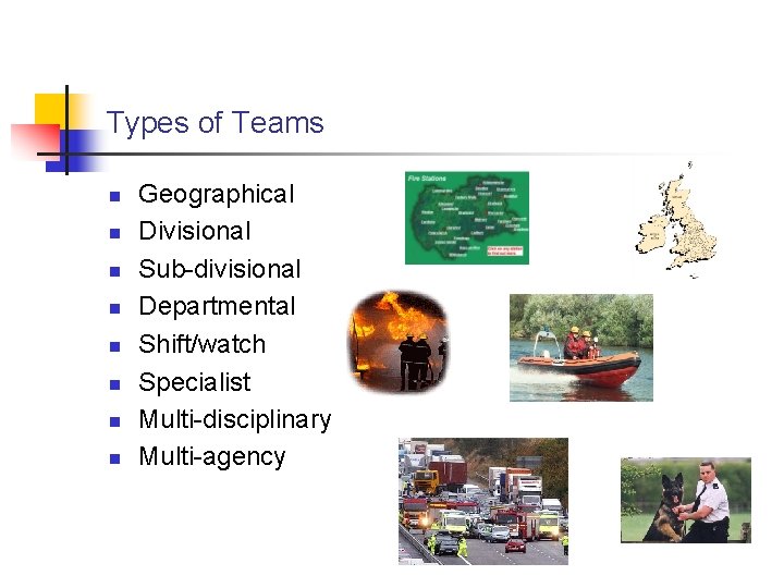 Types of Teams n n n n Geographical Divisional Sub-divisional Departmental Shift/watch Specialist Multi-disciplinary