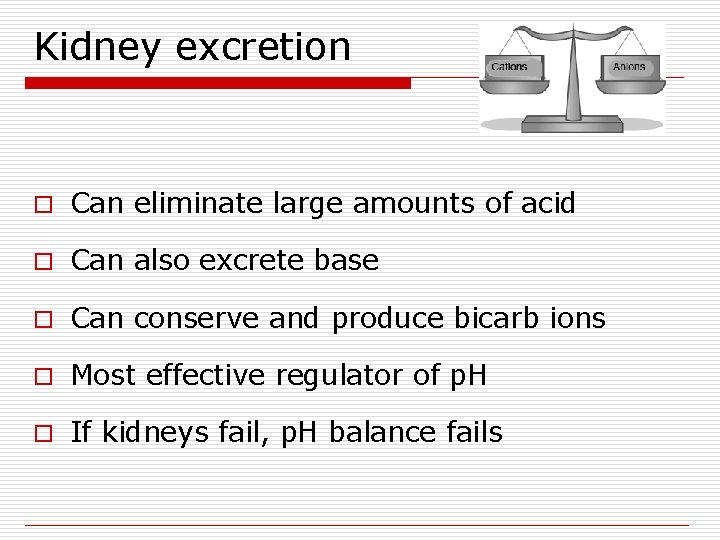 Kidney excretion o Can eliminate large amounts of acid o Can also excrete base