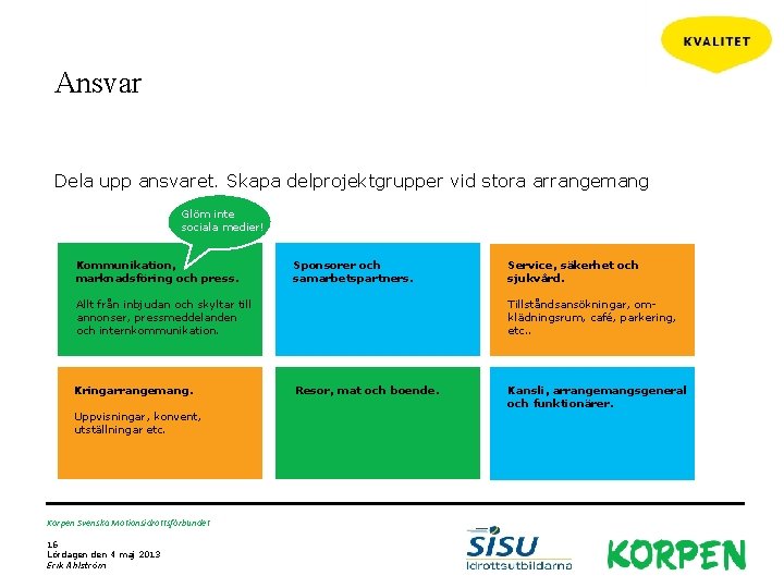 Ansvar Dela upp ansvaret. Skapa delprojektgrupper vid stora arrangemang Glöm inte sociala medier! Kommunikation,
