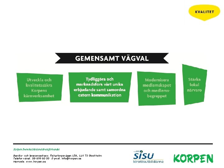 Korpen Svenska Motionsidrottsförbundet Besöks- och leveransadress: Fiskartorpsvägen 15 A, 114 73 Stockholm Telefon växel: