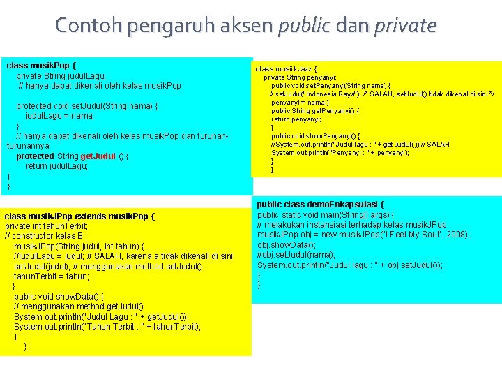 Contoh pengaruh aksen public dan private class musik. Pop { private String judul. Lagu;