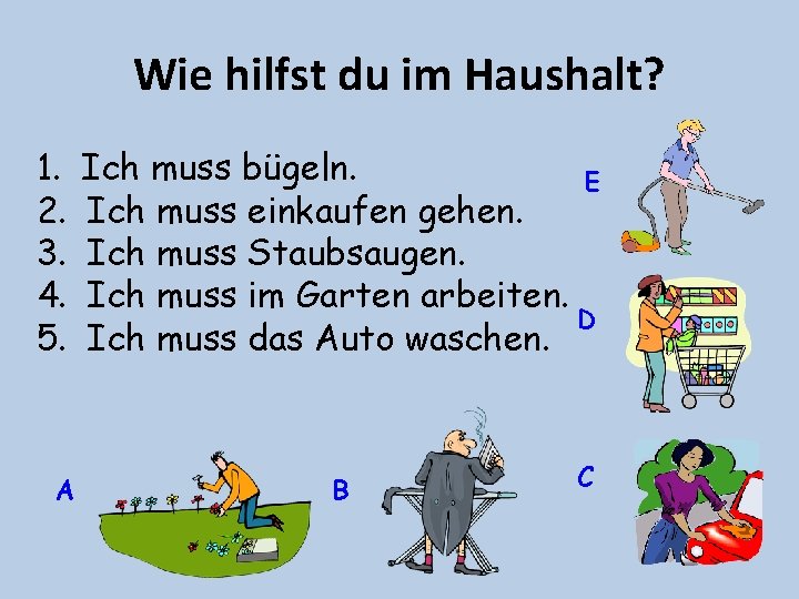 Wie hilfst du im Haushalt? 1. 2. 3. 4. 5. A Ich muss bügeln.