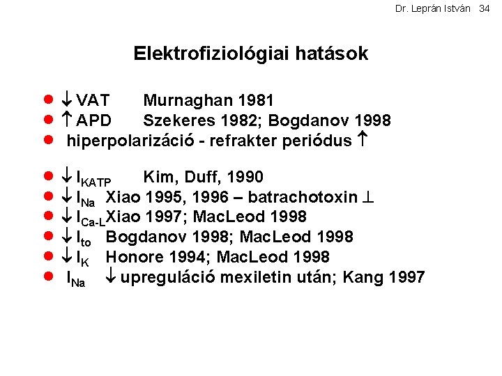 Dr. Leprán István 34 Elektrofiziológiai hatások · VAT Murnaghan 1981 · APD Szekeres 1982;