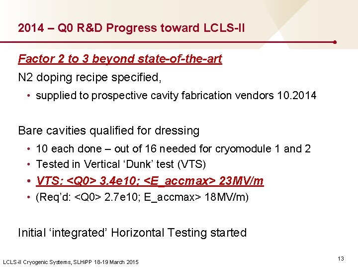 2014 – Q 0 R&D Progress toward LCLS-II Factor 2 to 3 beyond state-of-the-art