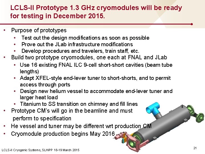 LCLS-II Prototype 1. 3 GHz cryomodules will be ready for testing in December 2015.
