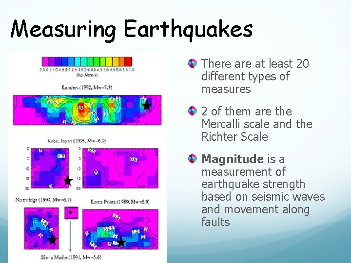 Measuring Earthquakes There at least 20 different types of measures 2 of them are