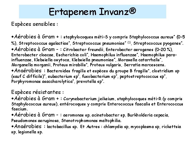 Ertapenem Invanz® Espèces sensibles : ·Aérobies à Gram + : staphylocoques méti-S y compris