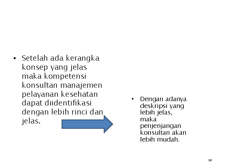  • Setelah ada kerangka konsep yang jelas maka kompetensi konsultan manajemen pelayanan kesehatan