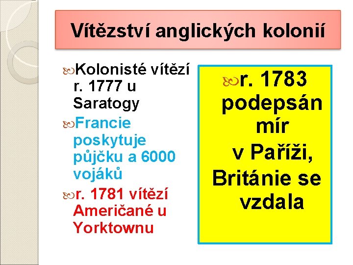 Vítězství anglických kolonií Kolonisté vítězí r. 1777 u Saratogy Francie poskytuje půjčku a 6000