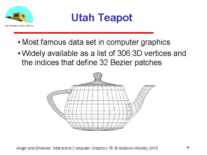 Utah Teapot • Most famous data set in computer graphics • Widely available as