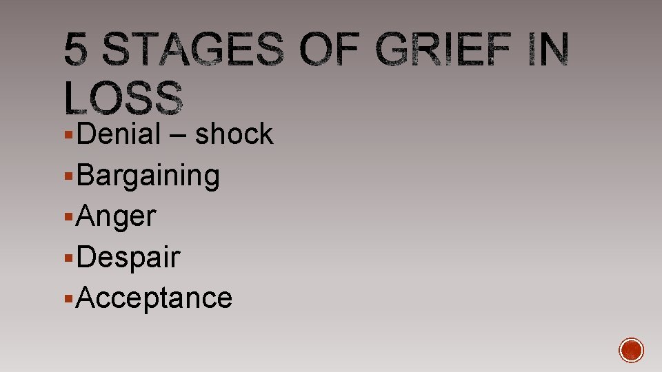 §Denial – shock §Bargaining §Anger §Despair §Acceptance 