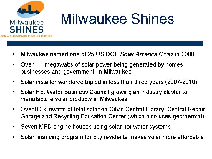 Milwaukee Shines • Milwaukee named one of 25 US DOE Solar America Cities in